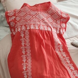Embroidered Coral Cotton Tunic Blouse
